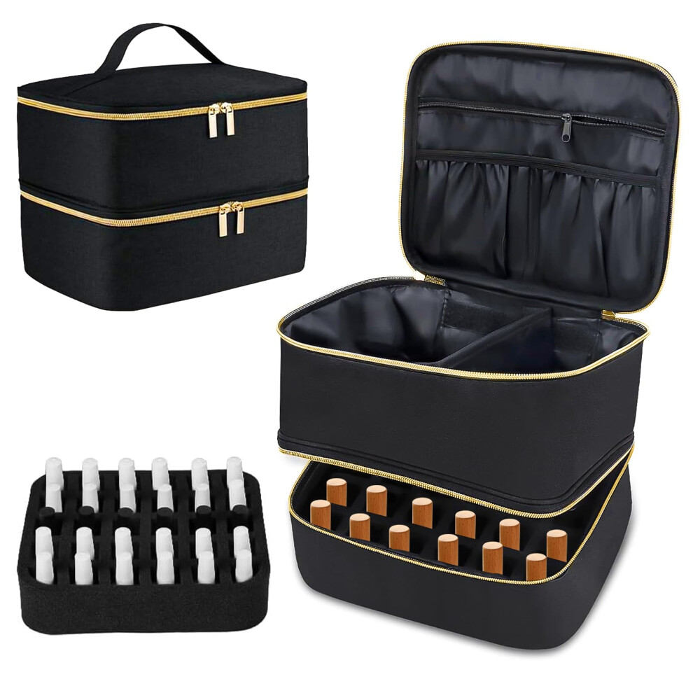 Black Double Layer Make Up Bag Nail Polish Storage Cosmetic Organiser