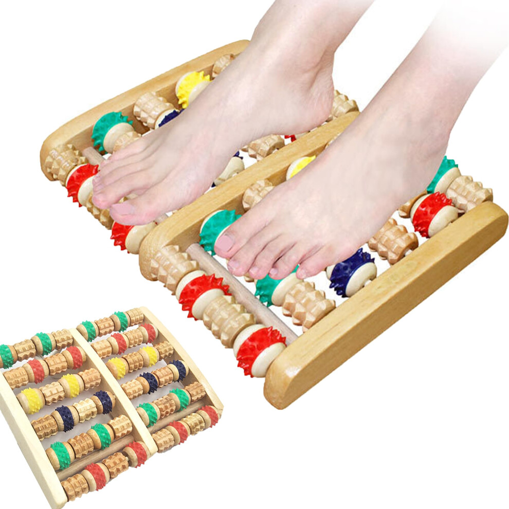 Wooden Foot Massage Roller for Heel Spurs and Plantar Fasciitis, 6Row Colored Foot Massager for Stress Relief