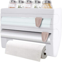 Wandhouder voor thuiskeuken, dispenser voor huishoudfolie met ruimtebesparend kruidenrekje, eenvoudig te demonteren en met verwijderbare