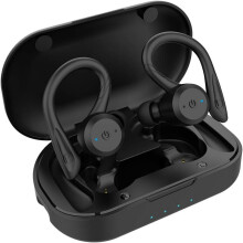 Ergonomiska trådlösa hörlurar, äkta trådlös stereo (TWS) Bluetooth 5.0 med avtagbar öronkrok för sömlös komfort, lång speltid för längre