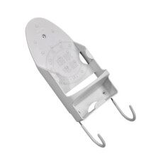 Wall mount for ironing board, heatresistant plastic shelf with steel hooks