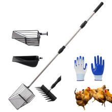 Extendable poultry litter shovel, 4 heads, ergonomic tool for pet waste and farming