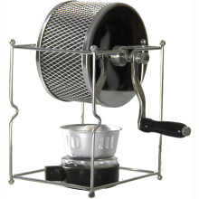 Manual coffee bean roaster, manual coffee bean rolling roaster made of stainless steel, with handle and spirit stove, for use in the home kitchen.