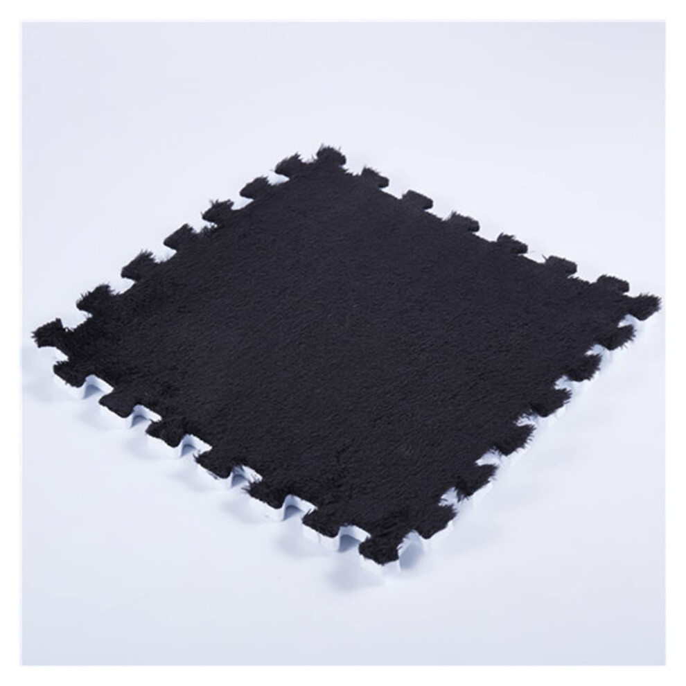 16Piece Plush Puzzle Foam Floor Mat, Interlocking Square Fluffy Tiles, Soft Climbing Carpet Mats, Shaggy Rug For Kids, Black