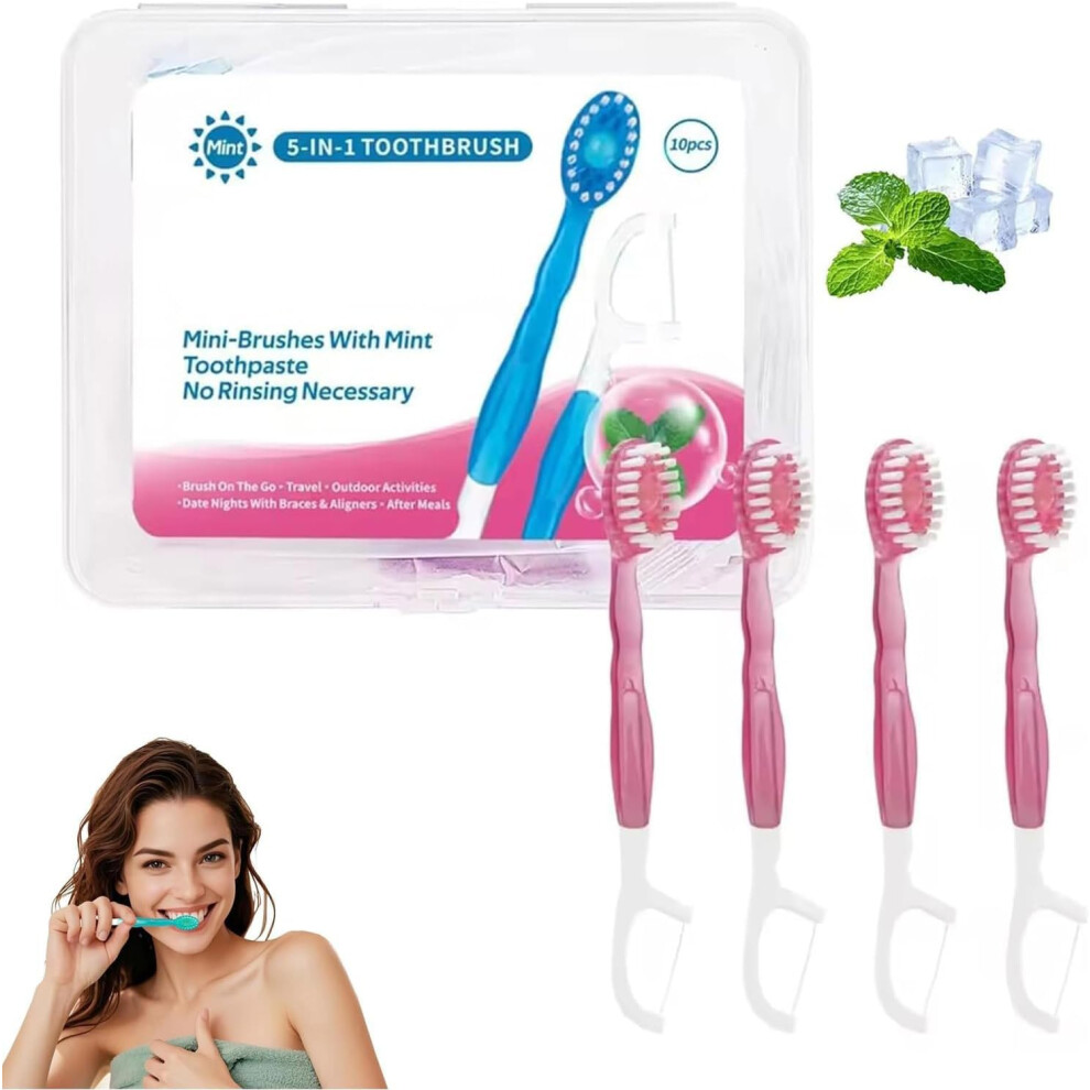 Peach 5 In 1 Toothbrush Floss, Disposable Mini Travel Toothbrush Set With Floss, Pick, Tongue Scraper, Flavour