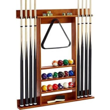 Wallmounted wooden billiard cue rack, provides storage for 8 cues and a full set of balls, game room accessory for club bars Red