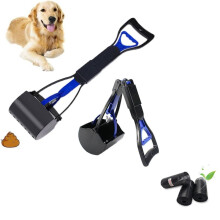 Dog Poop Scooper, Portable Grabber with Waste Bag, Dispenser, Foldable (Blue)