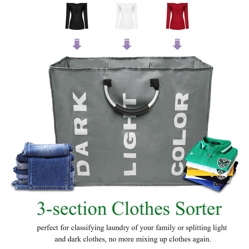 Versatile Sorting Laundry Hamper, Aluminum Handle, Foldable Space Saving, For Home Laundry Area, 3 Sections 2