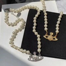 (Saturn Pearl Necklace + chain tail - White gold) Saturn Pearl Planet Pearl Necklace