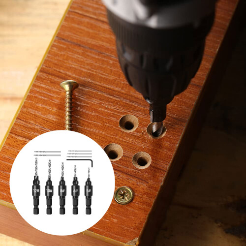 Wood Countersink Drill Bits Set, 5Pcs Quick Change1/4" Hex Shank Adjustable Countersink, 5Pcs Change Drill Bits#5, 6, 8, 10, 12, With One Hex Wrench, 1