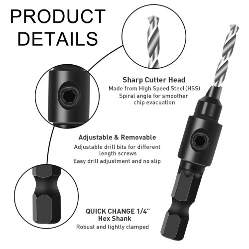 Wood Countersink Drill Bits Set, 5Pcs Quick Change1/4" Hex Shank Adjustable Countersink, 5Pcs Change Drill Bits#5, 6, 8, 10, 12, With One Hex Wrench, 2