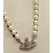 (Saturn Pearl Pink Diamond Necklace - White gold) Saturn Pearl Planet Pearl Necklace