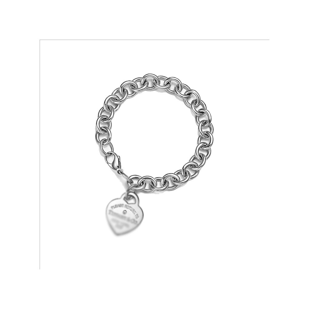 ( Heart-Shaped Diamond Bracelet, 18Cm) Classic Heart-Shaped Pendant With Diamond Heart To Clasp Bracelet Silver