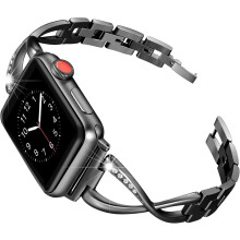 Pulseira de luxo compatível com Apple Watch, design elegante em formato de D com strass brilhantes, tamanho ajustável em aço inoxidável para uso