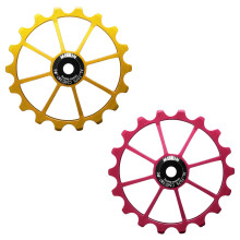 MEIJUN 2 Pcs 18T MTB Bicycle Rear Jockey Wheel Ceramic Bearing Pulley Road Bike Guide Roller Idler, Gold & Red