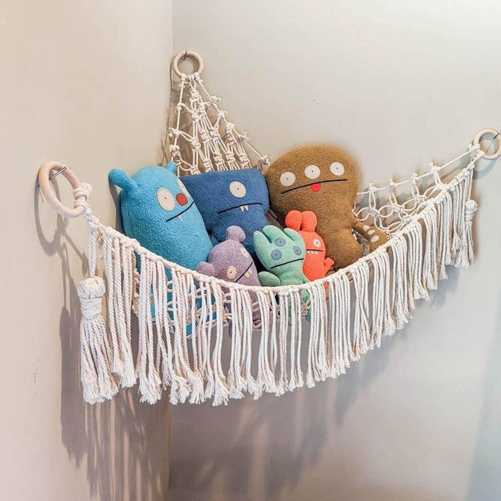 Eco-Friendly Material Toy Organizer, Bohemian Style Stuffed Animal Net with Macrame Stuffed Animal Hammock, Corner Space Utilization Hanging Net for P