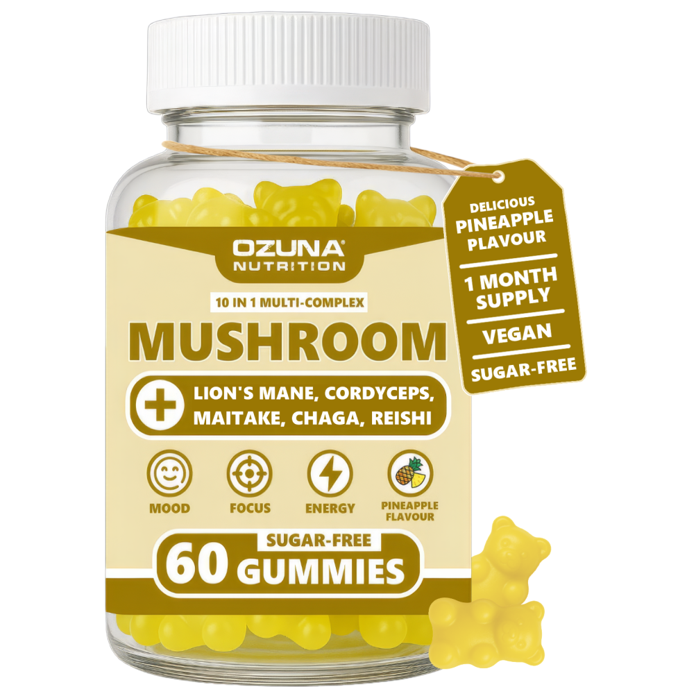 Ozuna Nutrition Multi Mushroom Gummies, Vegan & Sugar-Free, 10-In-1 With Lions Mane, Cordyceps, Reishi & Chaga | Pineapple Flavour | 60 Gummy | Energy, Vitality
