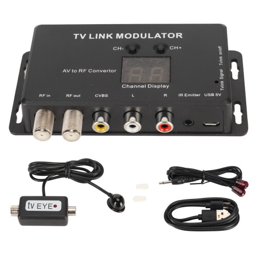 UHF Modulator TV Link Modulator Universal Composite AV To RF Coax Agile Modulator Compact RF Converter IR Extender Support PAL NTSC Adjustable Output