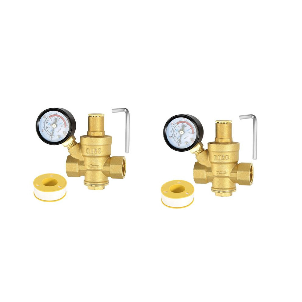 2X Water Pressure Regulator 3/4In with Gauge, Adjustable Water Pressure Reducing Valve for Water Pressure Regulator DN20