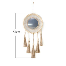 2X Wall Mirror Hanging Wall Mirror with Wood Beads Fringe Handmade Round Decoration Boho Antique Mirror
