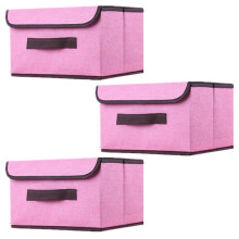 3 Pink Foldable Storage Boxes with Lids 26x19x16cm, Linen Fabric Bin
