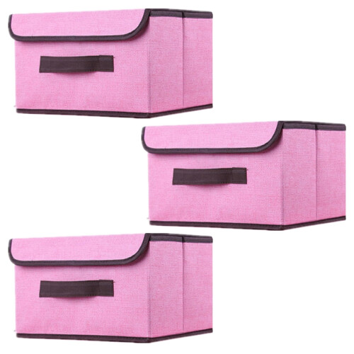 3 Pink Foldable Storage Boxes with Lids 26x19x16cm, Linen Fabric Bin