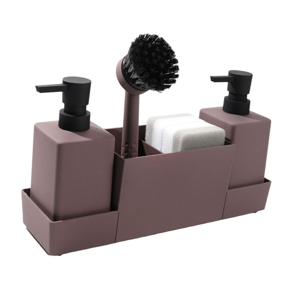 Kitchen Soap Dispenser And Sponge Holder With A Drainage Tray For The Sink, Hand Soap Organizer With Brush In Reddishbrown 9365049615495