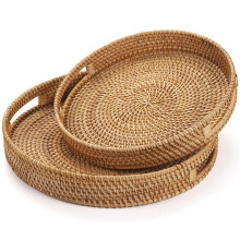 Design rustic natural în culori, tăvi de servire multifuncționale din ratan, cârpă umedă ușor de curățat, cerc de servire plat cu mânere,