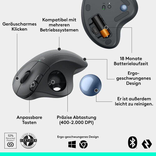M575 Wireless Trackball Mouse  Simple thumb controls, smooth movements, ergonomic design, compatible with Windows, PC  Mac  Black 1