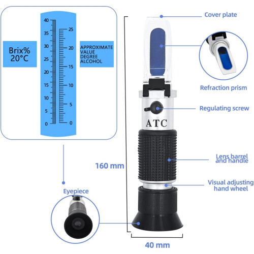 Refractometer, Hand Tools 040% Brix Specific Gravity Refractometer Tester for Wort Beer Grape Sugar ATC Set Ref: 2111 1