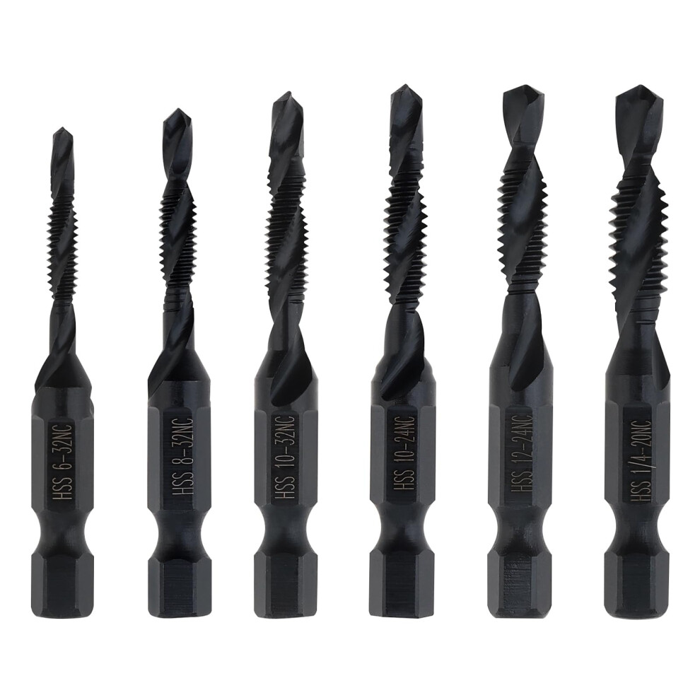 6Piece Combination Drill And Tap Bit Set, Sae Drill Bit Set, Threading Tap Bit Tool For Drilling/Countersinking, Drill And Tap Bit Set 9365049616720