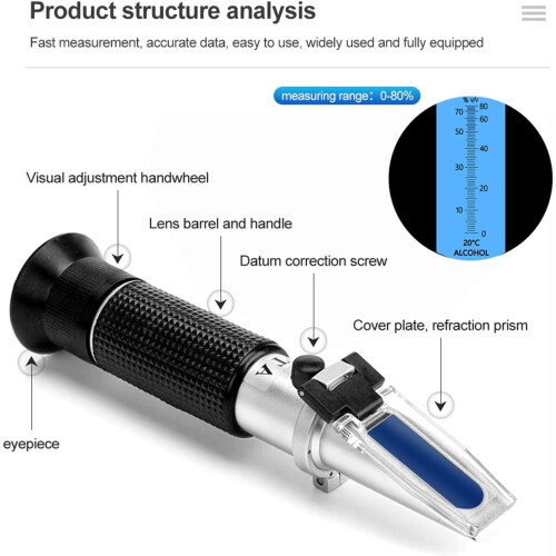 Refractometer, Handheld 080% Alcohol Refractometer ATC Tester Measuring Device Alcoholmeter  Alcohol  Alcohol Wine Content Tester 1