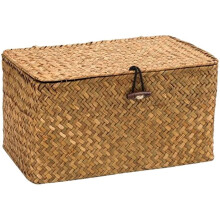 Home Organizer Baskets, Handwoven Seagrass With Lid For Decorative Storage Solutions, Wicker Shelf Organizers With A Natural Twist, 26 x 16 x 10 cm