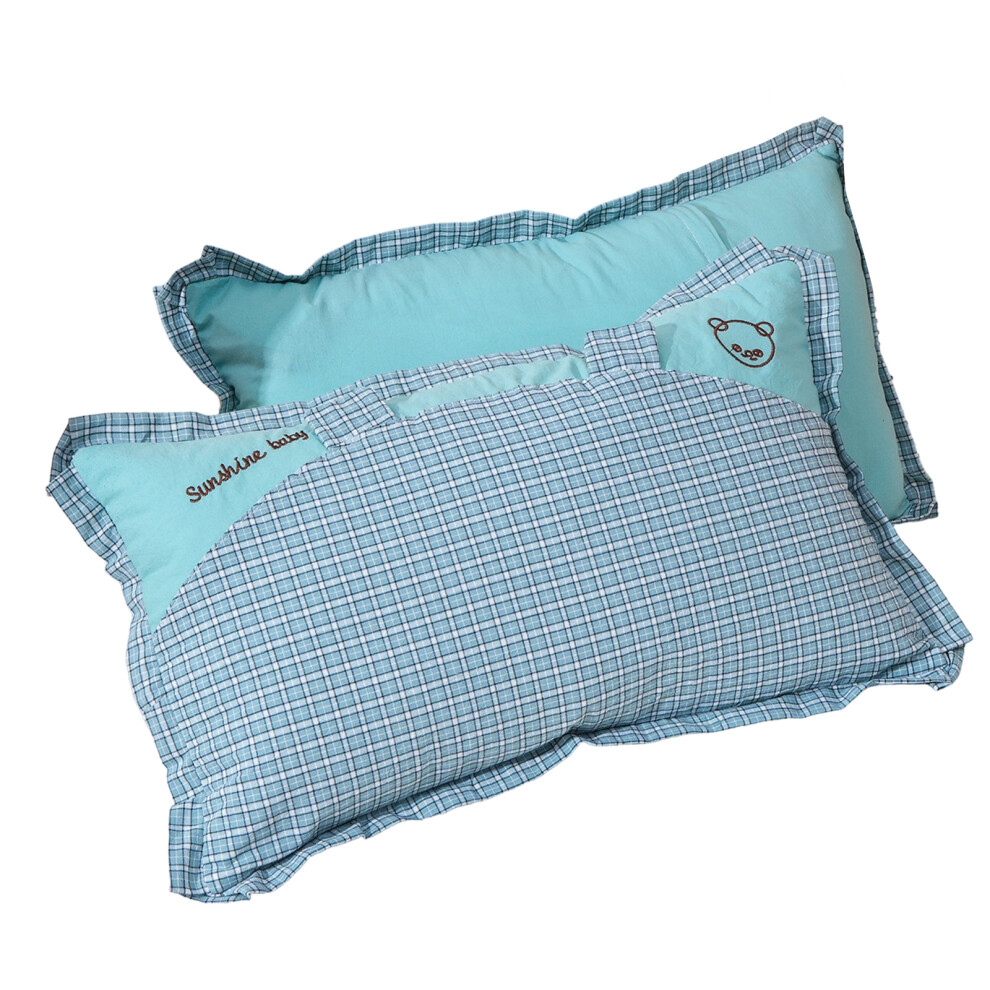Bear Checkered Pillowcases For Kids Washed Cotton-lake green