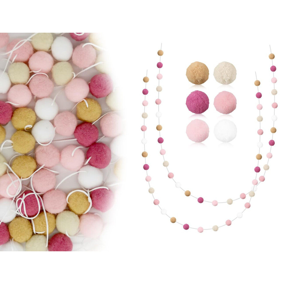 Pack Of 2 Felt Ball Garlands, Pompom Garlands For Children's Room ( Rose) Pink
