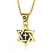 Herren-Halskette mit Davidstern, Edelstahl, goldfarbene Kette, Kreuzanhänger, jüdischer Schmuck