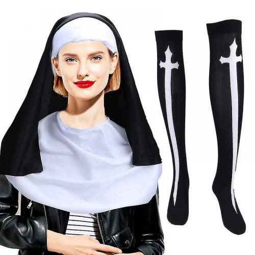 Kit da suora da donna, 4 pezzi, con copricapo, collare, croce e calzino 2