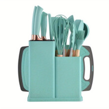 (Dark Green) 19-Piece Kitchen Utensil & Knife Block Set | 12 Silicone Tools + 5 Knives & Cutting Board