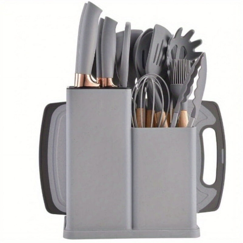 (Grey) 19-Piece Kitchen Utensil & Knife Block Set | 12 Silicone Tools + 5 Knives & Cutting Board Grey