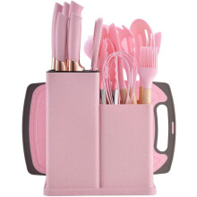 (Pink) 19-Piece Kitchen Utensil & Knife Block Set | 12 Silicone Tools + 5 Knives & Cutting Board