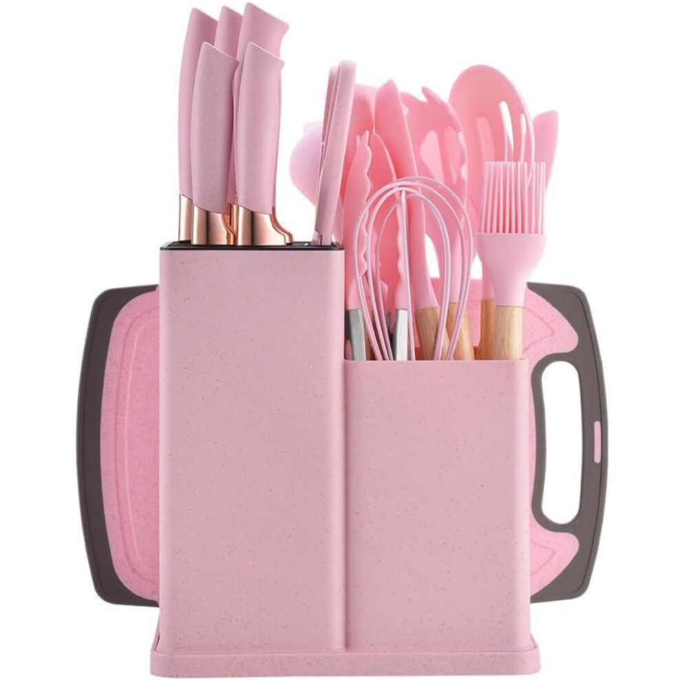 (Pink) 19-Piece Kitchen Utensil & Knife Block Set | 12 Silicone Tools + 5 Knives & Cutting Board Pink