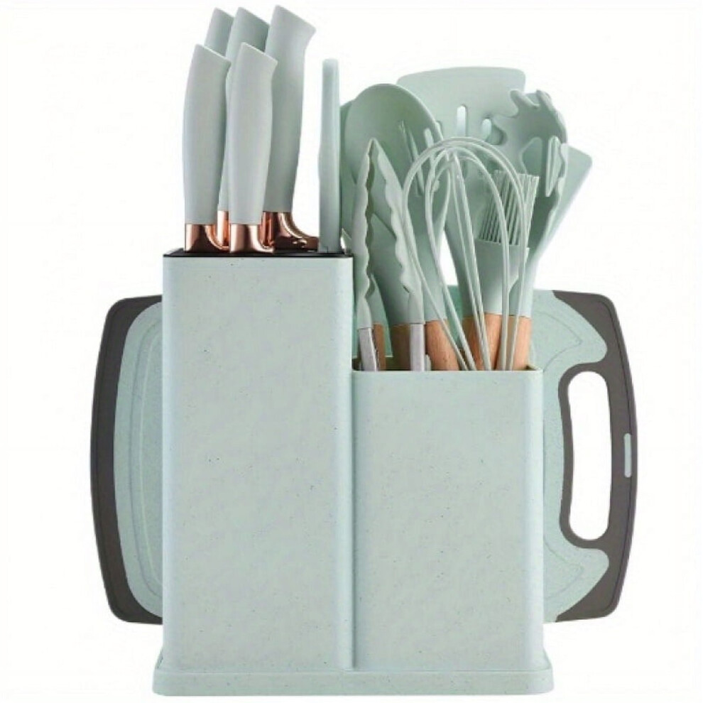 ( Green) 19-Piece Kitchen Utensil & Knife Block Set | 12 Silicone Tools + 5 Knives & Cutting Board Light/Green