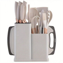 (White) 19-Piece Kitchen Utensil & Knife Block Set | 12 Silicone Tools + 5 Knives & Cutting Board