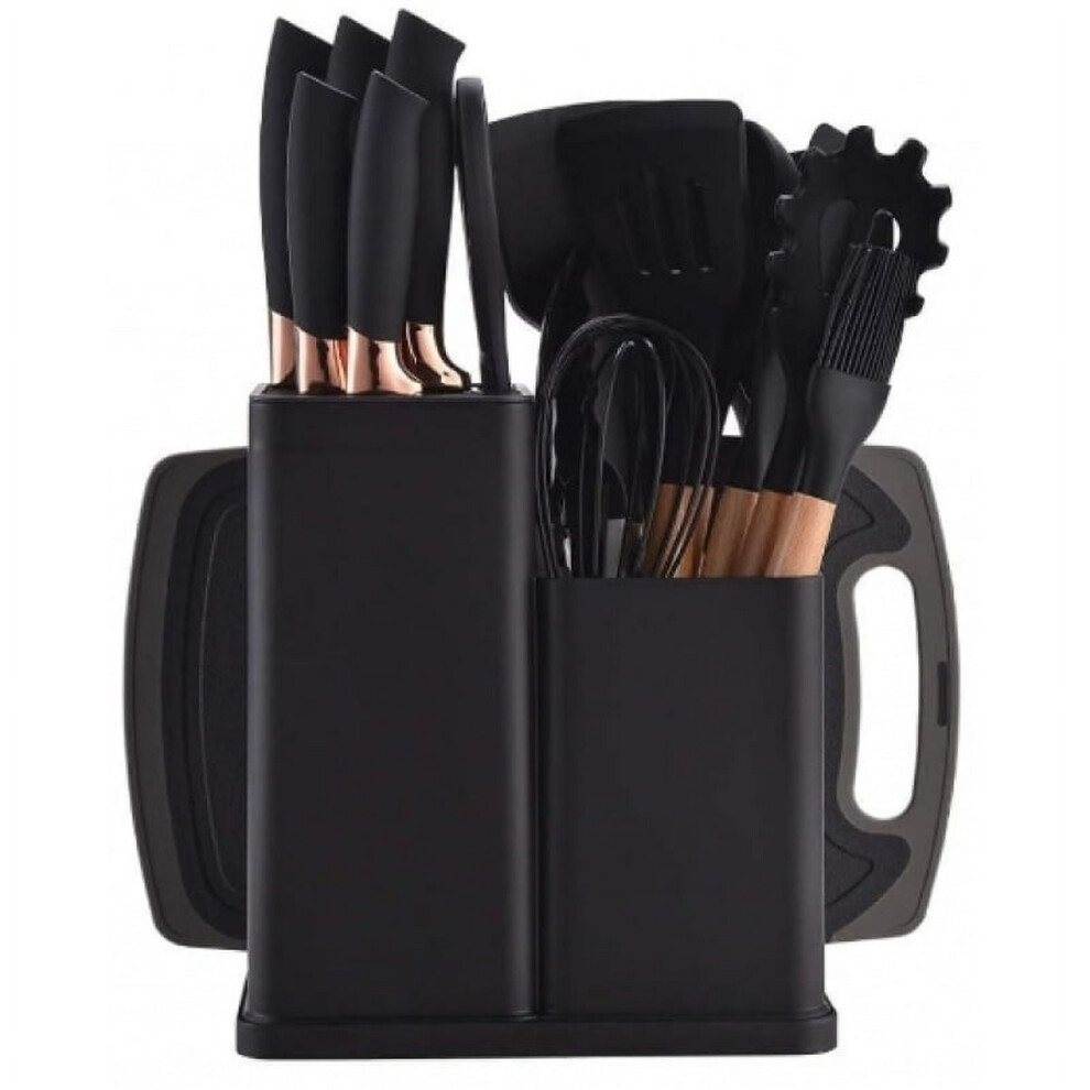 (Black) 19-Piece Kitchen Utensil & Knife Block Set | 12 Silicone Tools + 5 Knives & Cutting Board Black
