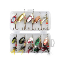 Lot de 10 leurres de pêche en forme de cuillère, appâts métalliques de 3 à 7 g, avec boîte.