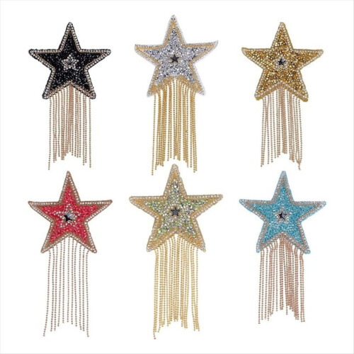 6 toppe a stella con strass e nappe a catena, stella a cinque punte