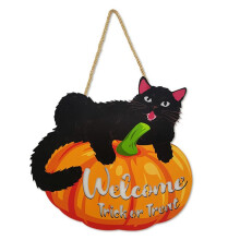 Halloween pompoen welkomstbord met lichtgevende zwarte katten als wanddecoratie