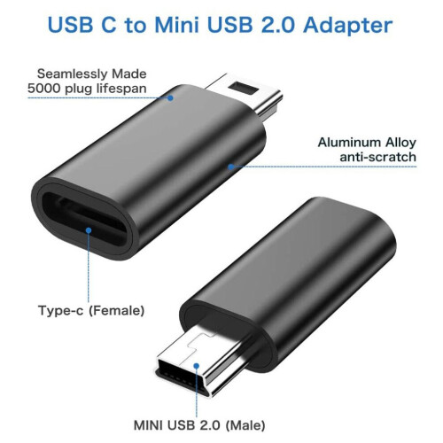4 kpl USB-C - Mini USB 2.0 -sovitin MP3-kojelautakameralle, musta 2