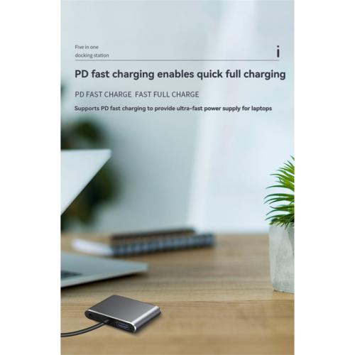 Docking station 5 in 1 con porte compatibili, VGA, USB, PD e per cuffie. 2