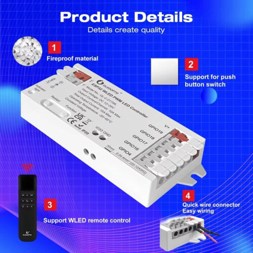 GLEDOPTO ESP32 PWM WLED LED Controller 5 Modes in 1 DC 12-24V 2